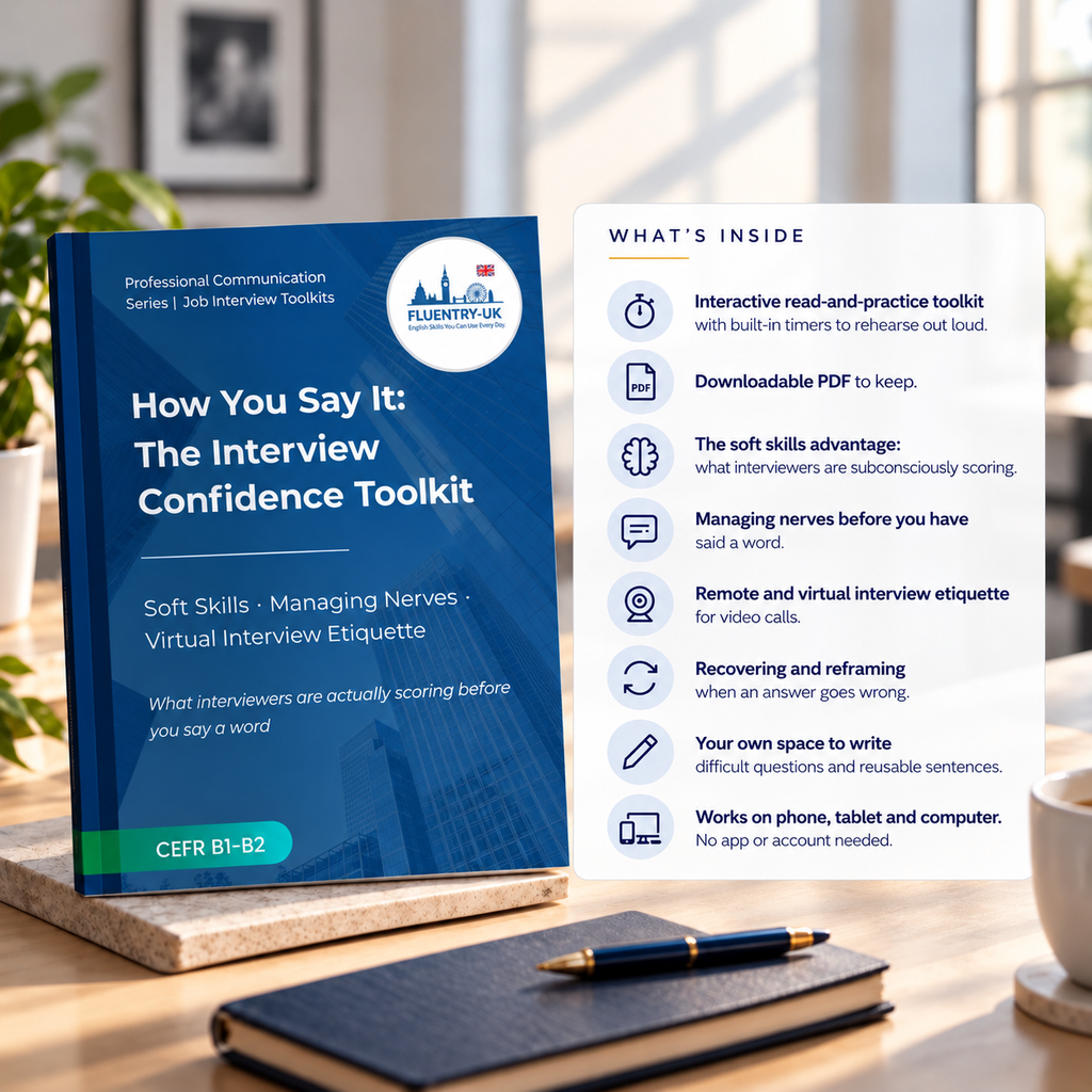 A blue and white booklet titled 'How You Say It: The Interview Confidence Toolkit' by Fluently UK, displayed on a wooden surface next to an open page showing the contents. The scene includes a notebook, pen, and a cup of coffee on a desk with blurred plants in the background.