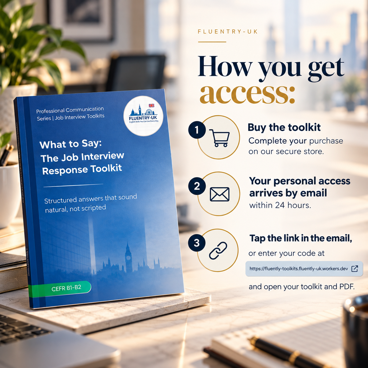 A blue booklet titled 'What to Say: The Job Interview Response Toolkit' by Fluentry UK is shown standing on a desk next to a laptop, with promotional text on the right explaining how customers purchase and access the toolkit.