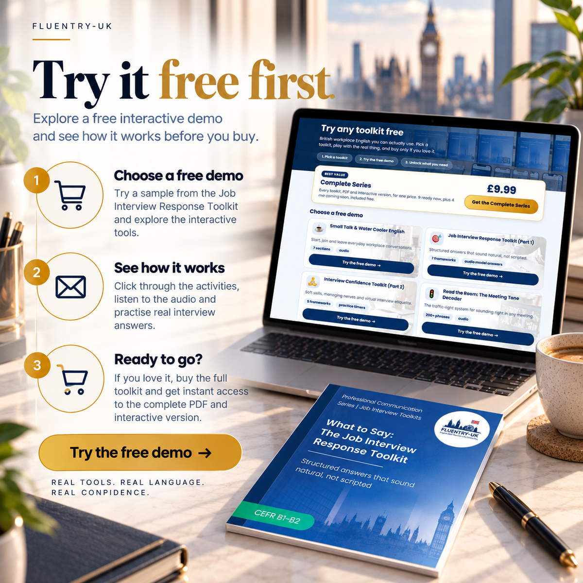 Try it free first graphic from Fluentry UK: three steps (choose a free demo, see how it works, buy the full toolkit) with a laptop showing the free demo page and a blue Job Interview toolkit booklet.