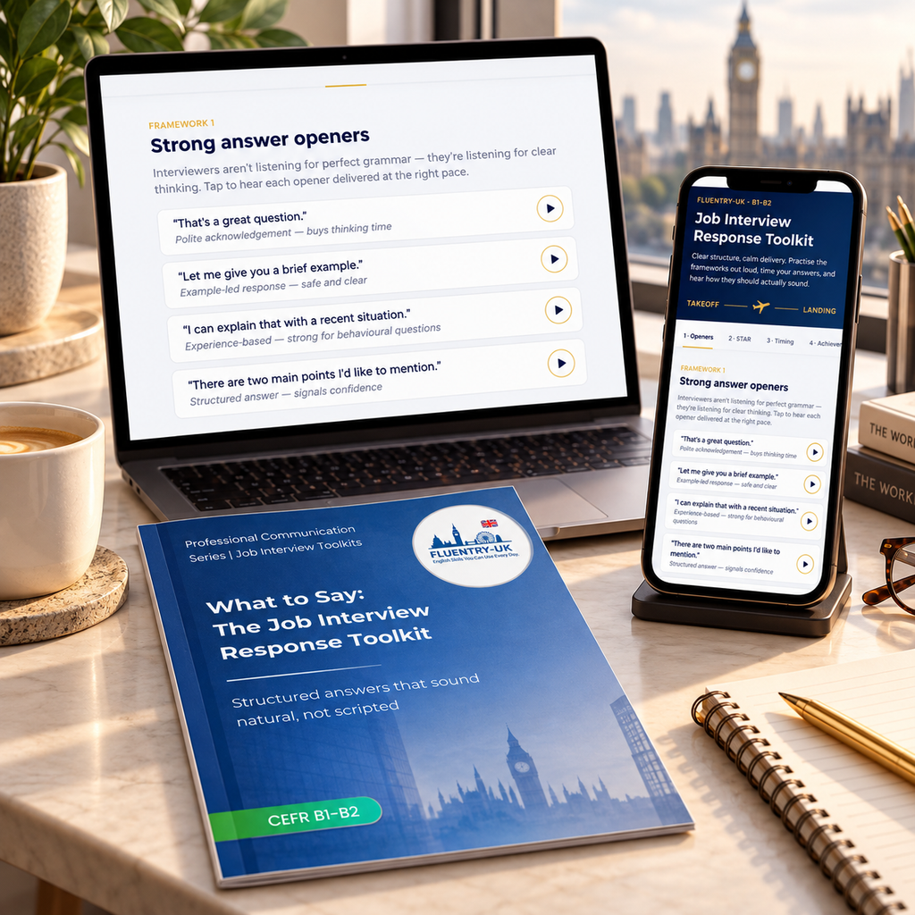 A digital job interview preparation guide shown on a blue booklet in the foreground, with a laptop and smartphone displaying related content in the background. The scene is styled on a desk with a coffee cup, notebook, pen, and books.