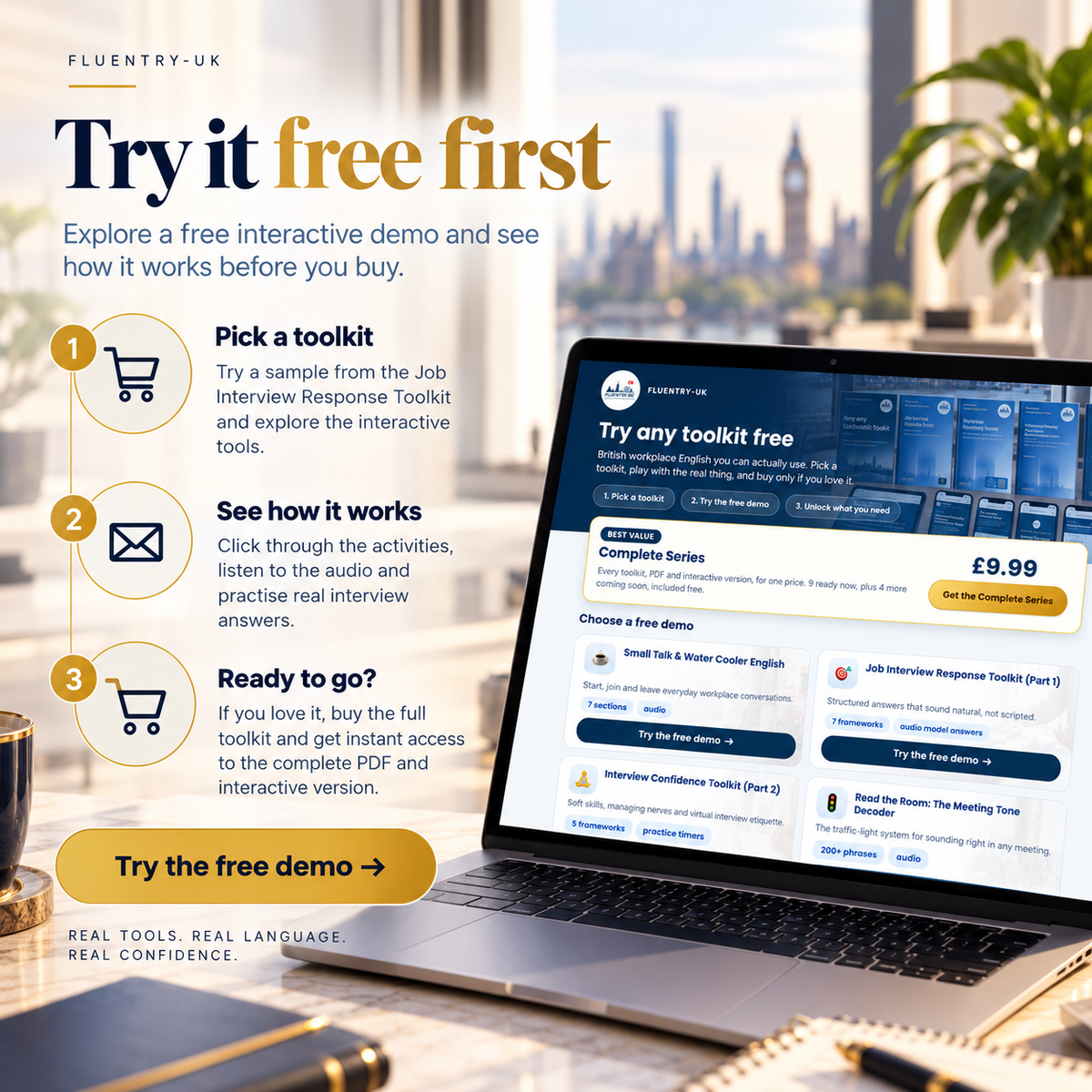 Promotional graphic for Fluentry UK offering a free interactive demo on a laptop screen, with text highlighting three steps to try it free first and a laptop showing the software interface.