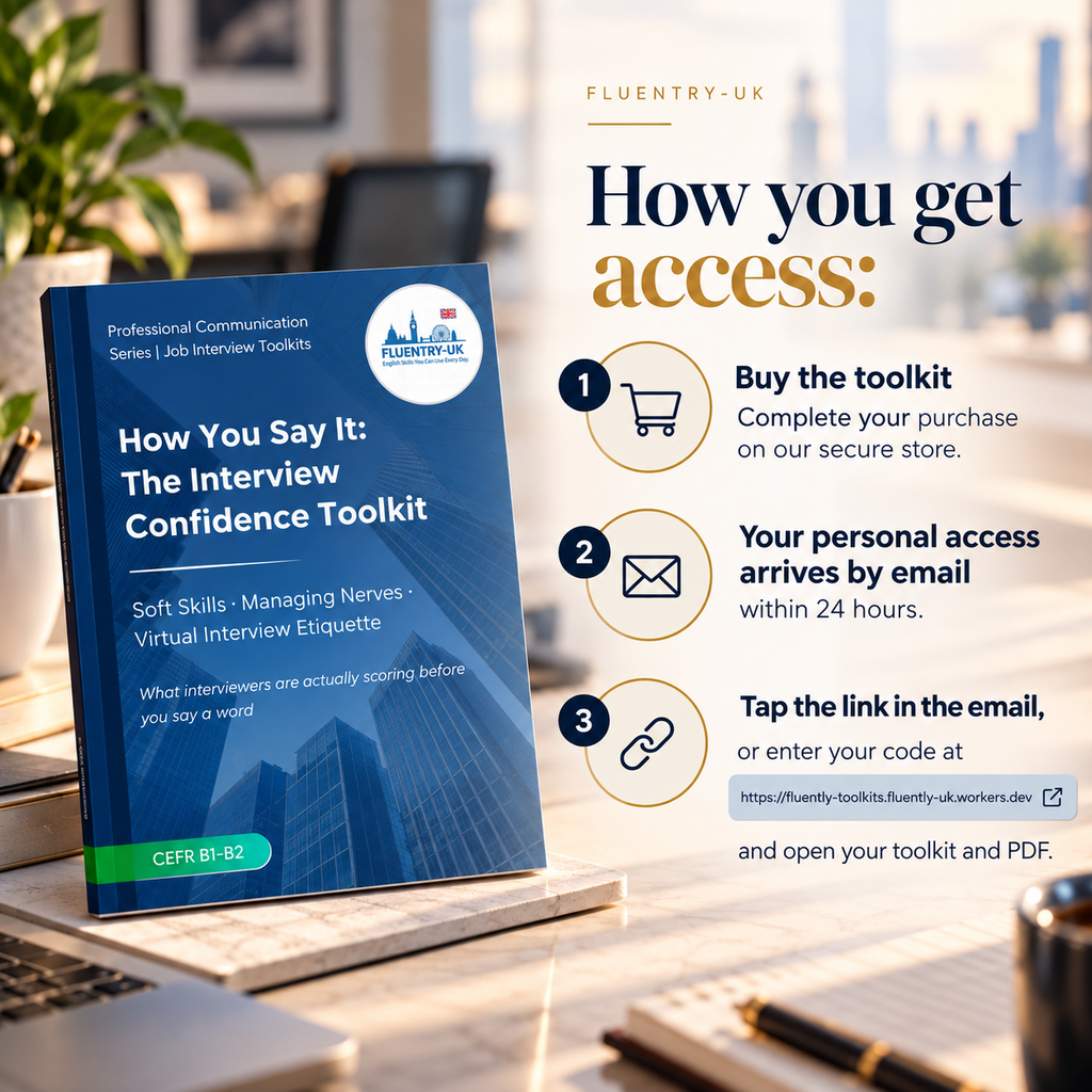 A promotional graphic for a digital PDF toolkit titled 'How You Say It: The Interview Confidence Toolkit' by Fluentry UK. On the left is a blue book-style cover mockup placed on an open laptop, with a blurred office background.