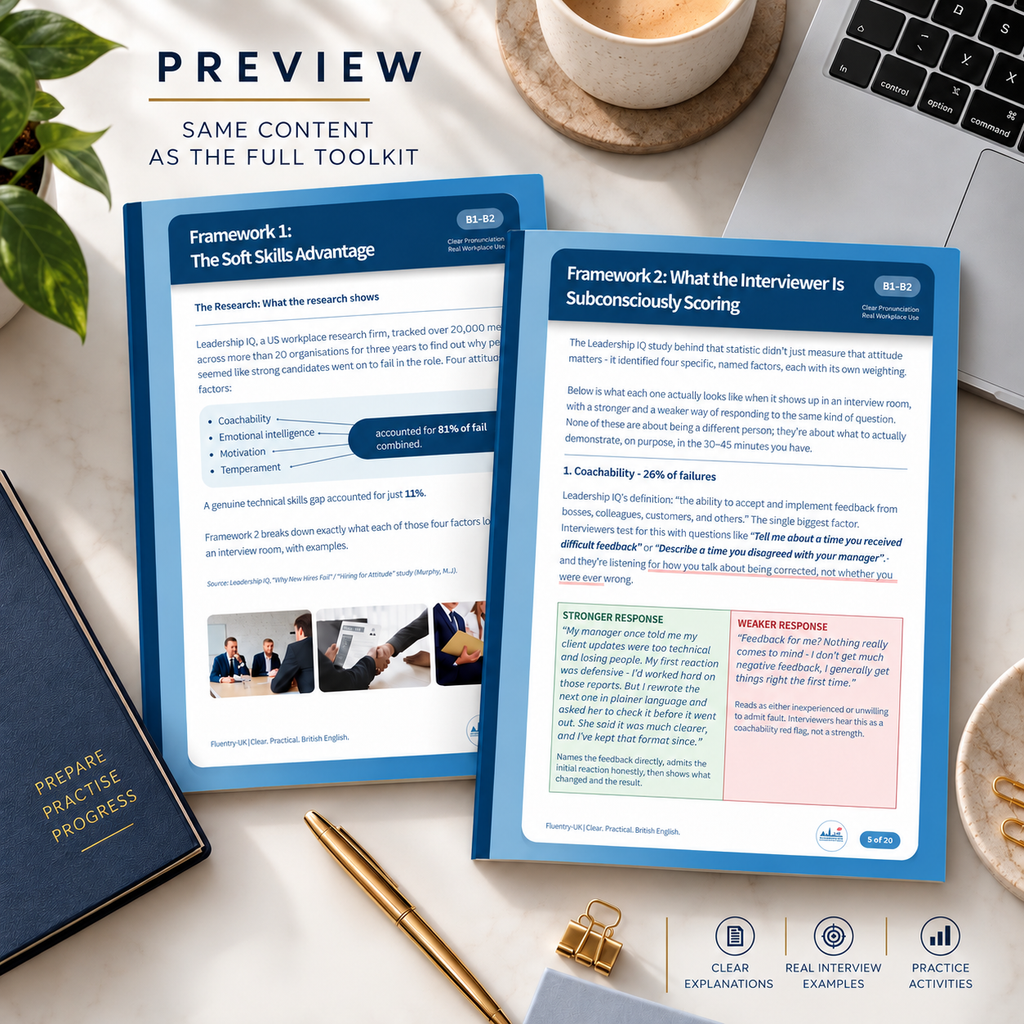 Two printed interview preparation worksheets are shown on a styled desk flat-lay with a laptop, notebook, pen, and plant visible around them. The sheets are the product being sold, not an instruction-only diagram, so this fits Product/Packaging rather than Instruction Diagram.