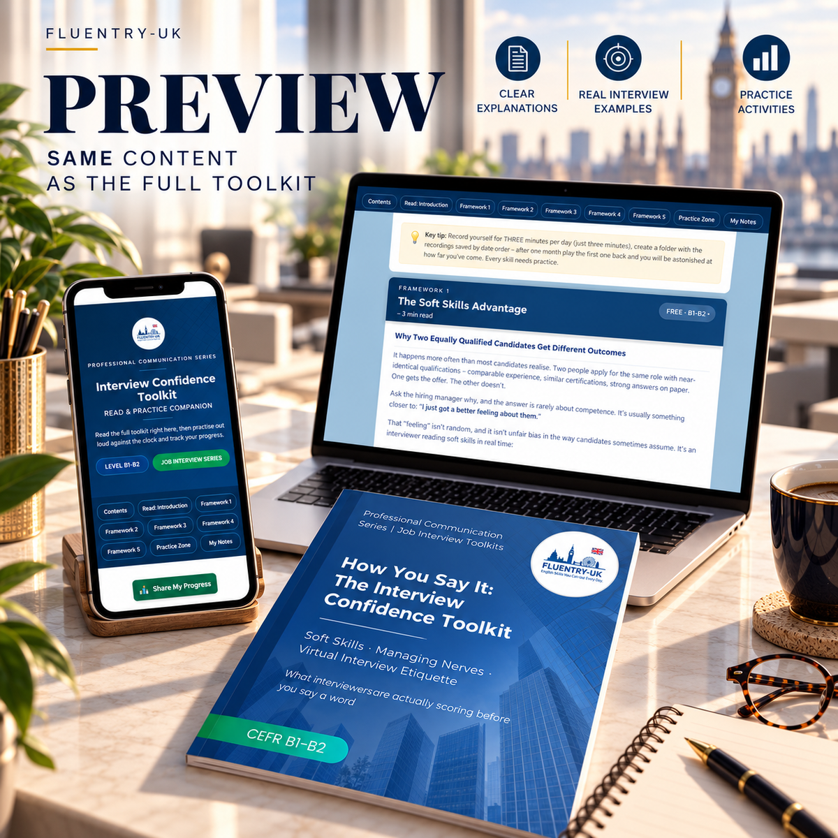 Digital mockup of a CEFRI B1-B2 Interview Confidence Toolkit preview, shown on a laptop and smartphone screen with a physical booklet in the foreground, set on a desk with a coffee cup, notebook, and glasses.