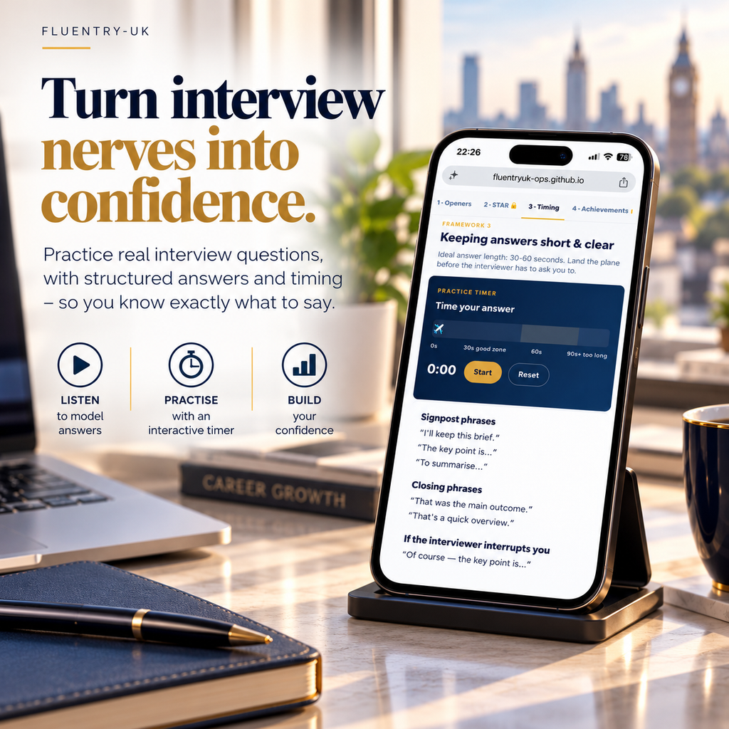 A smartphone on a charging dock displays a mock interview practice app on a reflective desk, with promotional text on the left and blurred office background elements including a coffee cup and books.