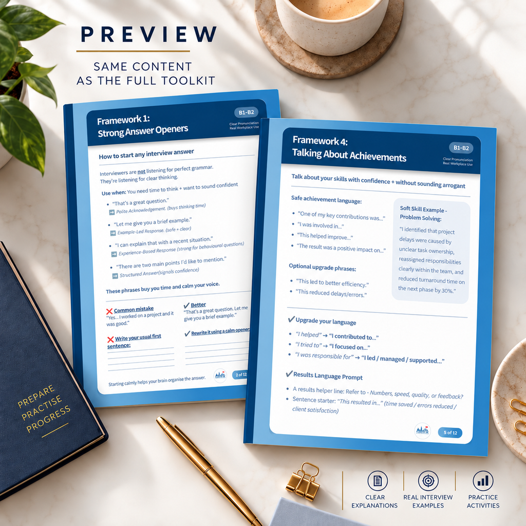 Two printed interview guide sheets displayed on a marble surface, with a notebook, pen, and decorative leaves around them. The sheets are labeled 'PREVIEW' and show interview opener and achievement-talk prompts.