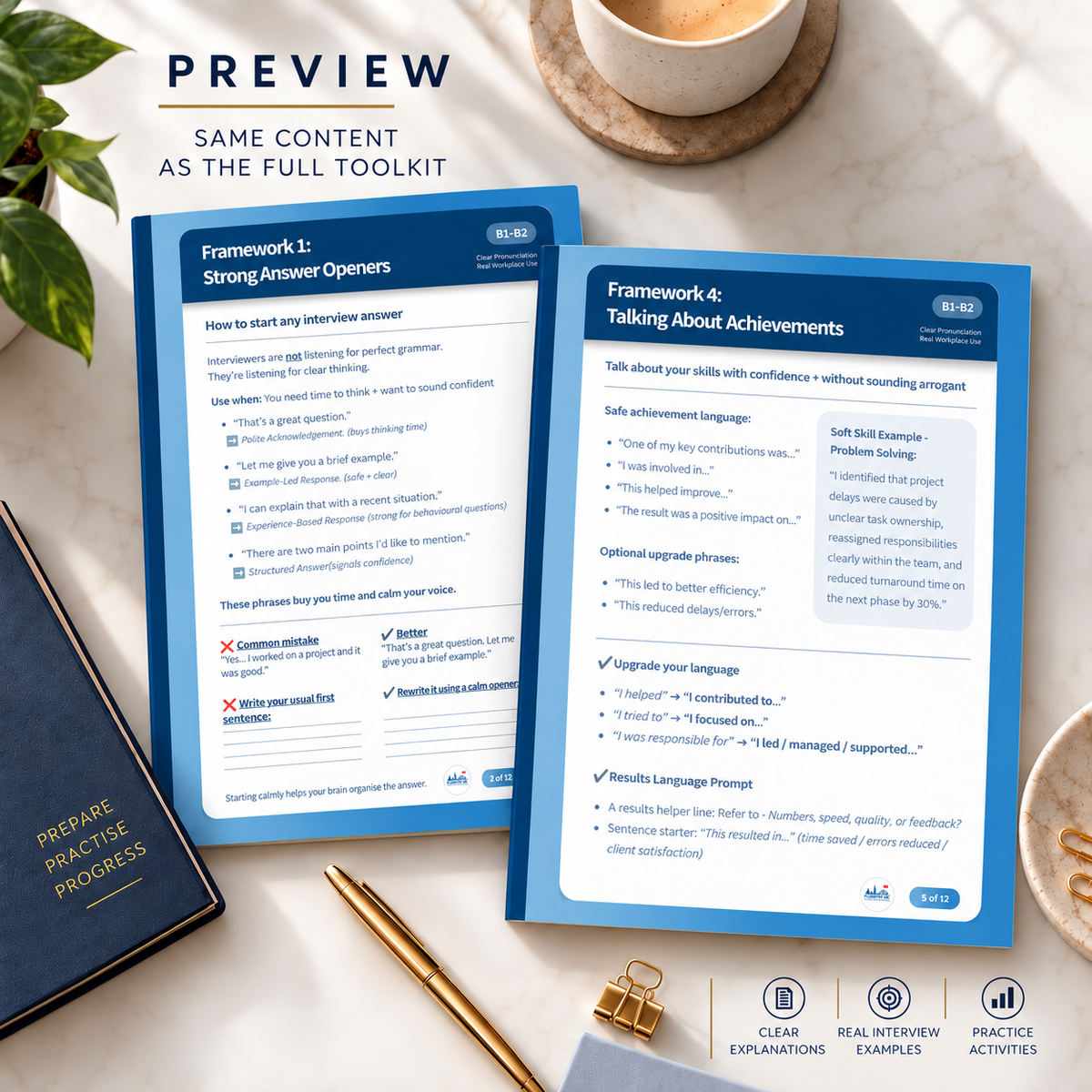 Two printed interview guide sheets displayed on a marble surface, with a notebook, pen, and decorative leaves around them. The sheets are labeled 'PREVIEW' and show interview opener and achievement-talk prompts.